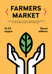 Vector hands holding leaf logo poster. Organic eco logo illustration background with place for text. Friendly environment flyer banner for local farmers market, healthy natural products, bio business