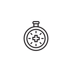 A minimalist line art icon features a circular stopwatch or timer with a medical cross symbol at its center, surrounded by dash markers. This could represent urgent medical care or health tracking.