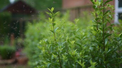 Obraz premium Lush green hedge with hovering mosquitoes, blurred backyard scene - The challenge of balancing privacy and pests in garden greenery