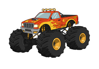 Obraz premium Fiery Inferno A Detailed Depiction of a Monster Truck with Large Tires and Flame Design isolated on transparent baackground