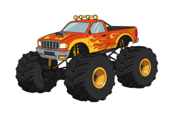 Fiery Inferno A Detailed Depiction of a Monster Truck with Large Tires and Flame Design isolated on transparent baackground