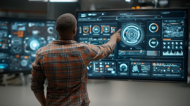 Man Interacting with Futuristic Display: A man, hand extended, interacts with a holographic display, likely a technological interface that is both powerful and advanced.