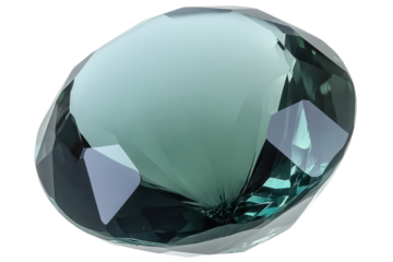 A digitally rendered, teal-green gemstone, exhibiting a brilliant cut with numerous facets,