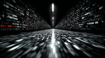 Digital Highway: a high-tech pathway of binary code data and light, illustrating the convergence of technology, information, and futuristic transportation.