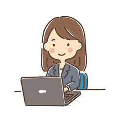パソコンの前に座っているスーツ姿の若い女性
