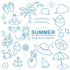夏の手描きアイコン素材｜海・ビーチ・レジャーのイラストセット