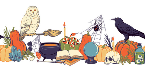 Seamless pattern with magic items, witchcraft goods, grimoire, potion, skull, magic ball and candlestick, pumpkin. Familiars for the sorcerer cat, polar owl spider. Vector illustration for Halloween.