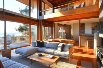 Naklejka premium High-design living space, combination of comfort and minimalism, wood and blue accent