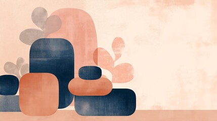 Abstract forms resembling cozy furniture in peach and navy.