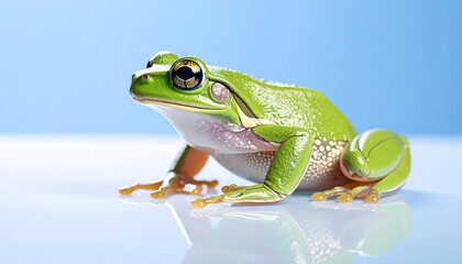 Detailed Macro Of A Green Tree Frog With Webbed Toes On A Smooth Surface Against Blue Background