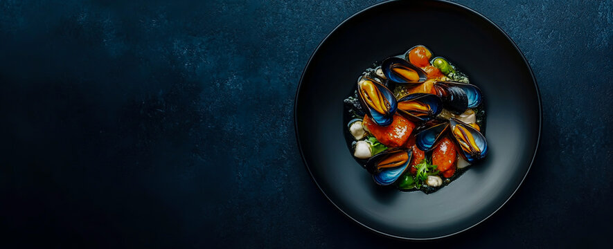Black plate filled with fresh oysters, creamy white wine sauce, served on dark blue textured background, top down view, culinary gourmet food, seafood presentation, elegant food styling banner.