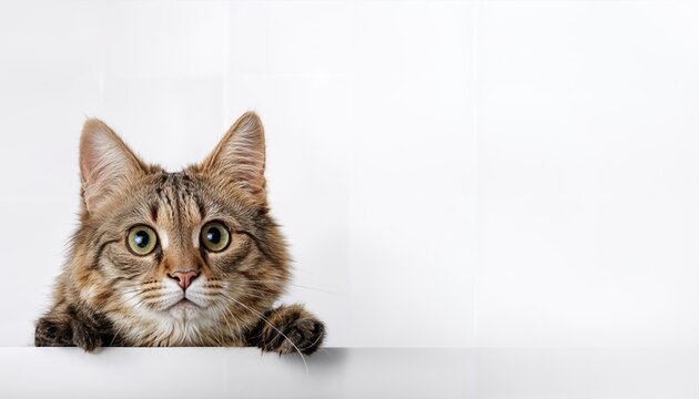Inquisitive Feline Exploring Corner, Captured in HighDefinition Against Pristine White Backdrop, Showcasing Playful Cat and Minimalist Setting