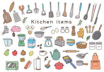 キッチンアイテムイラストセット　手書き線画
