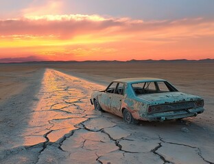 abandoned car on the side of a cracked road in the desert, at sunset.