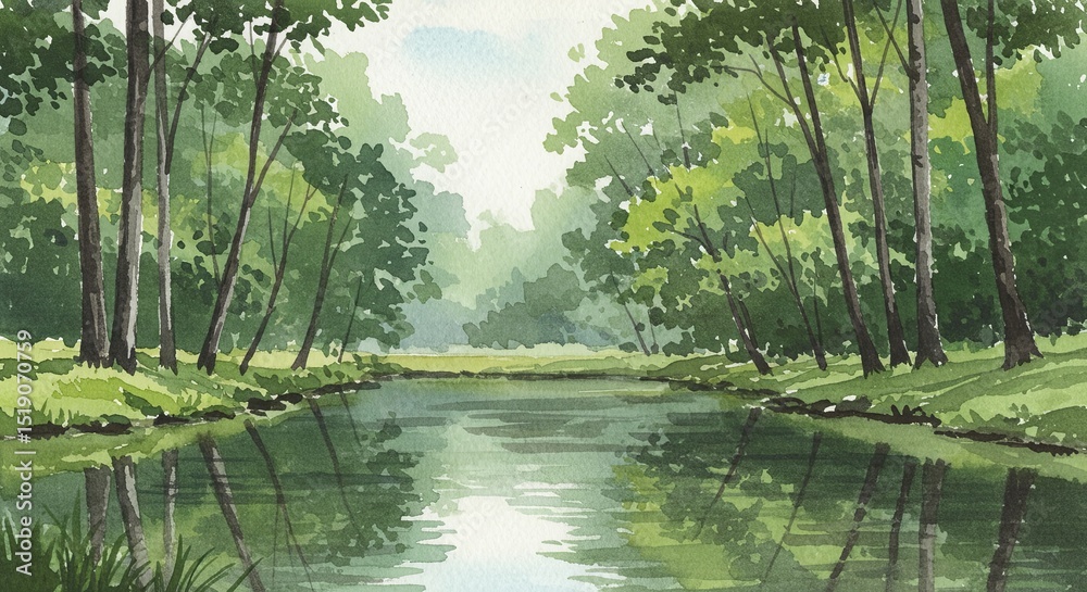Poster a painting of a forest with a river running through it