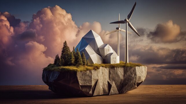Floating island with a house and wind turbine - Powered by Adobe
