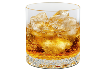 A rocks glass filled with amber liquid, ice cubes, and visible carbonation. The glass has a textured base