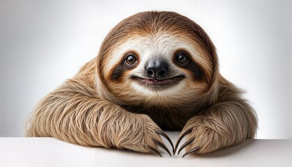 Fototapeta premium Adorable Sloth Lounging on a White Canvas in High Resolution, Showcasing the Soft Textures and Captivating Cuteness of these Slowmoving Creatures, Perfect for Digital Art, Home Decor, or Design