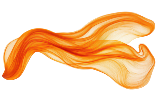 Abstract swirling form with warm orange and yellow hues, resembling flowing fabric or smoke, set against a black background