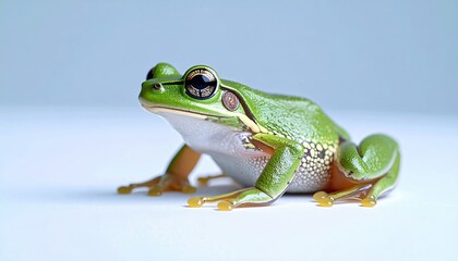 Obraz premium Macro Photograph Of A Green Tree Frog With Yellow Feet On White Surface