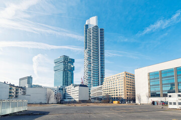 Modern highrise buildings in Frankfurt's financial district under a blue sky