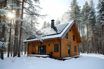 Winter-ready eco home combining traditional design with sustainable technology - A Scandinavian wooden cabin in a snowy forest with black solar panels on the roof