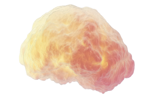 An abstract, organic form resembling a cloud or brain, rendered in warm pastel hues of yellow, orange, and pink, with a slightly textured surface and irregular outline against a black background