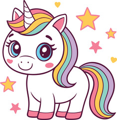 Adorable cartoon unicorn with rainbow mane and tail