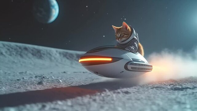 Cat Astronaut Riding a Futuristic Scooter in Outer Space seamless motion video