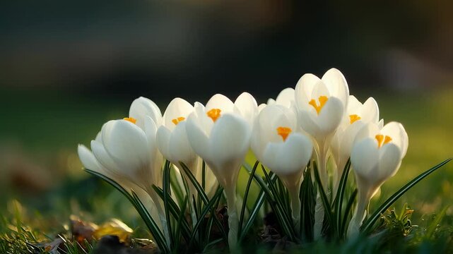 Beautiful Blooming White Crocus Flowers in Spring Garden with Golden Sunlight