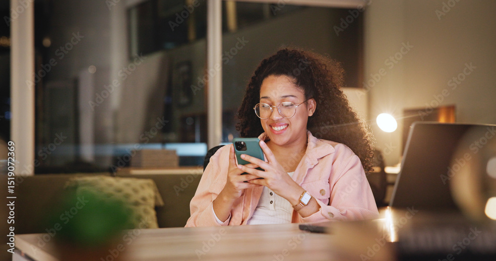 Poster smile, woman and typing with phone at house for communication, social media and chat at night. femal