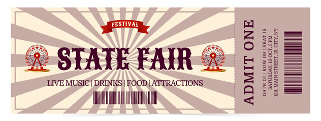 State fair festival ticket in retro style. Flat vector illustration on white background
