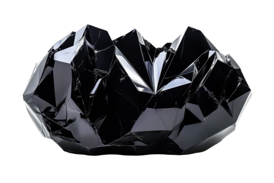A digitally rendered, black, multifaceted crystal cluster, sharply defined against a black background, exhibiting a high degree of reflective surfaces and intricate angular forms - Powered by Adobe