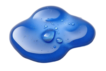 A vibrant blue, translucent liquid puddle with several water droplets on its surface, exhibiting a glossy sheen and irregular, amorphous shape against a black background