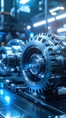 Fototapeta premium Close-up Of Rotating Chrome Mechanical Gears Showing Industrial Precision in Blue Tones