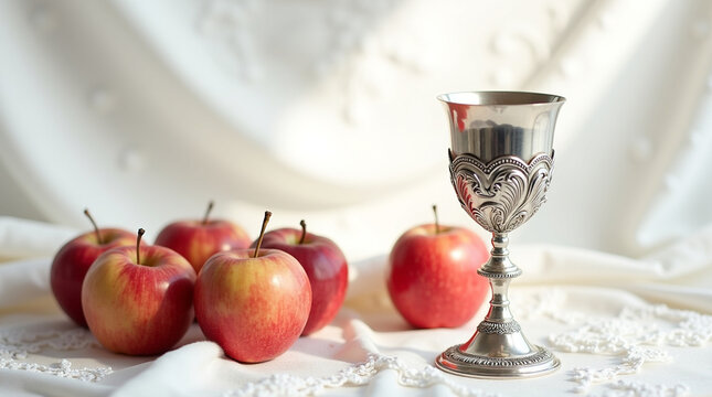 Apples and ornate silver kiddush cup on a white lace tablecloth, symbolizing Rosh Hashanah - Powered by Adobe