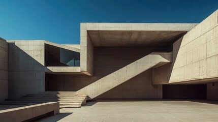 Open concrete structure with angular shadows, minimal lines, architectural photography style