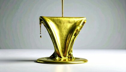 Liquid Gold Paint Pouring Over Triangular Structure with Metallic Flow on White Surface