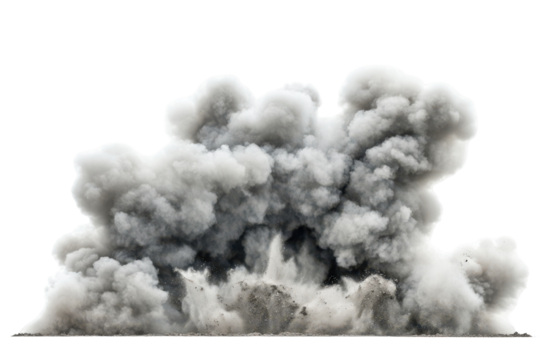 A large plume of grey dust and debris billows upwards, obscuring the bottom with a chaotic, uneven texture against a black background