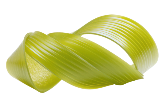A digitally rendered image showcases a vibrant green, slender, ribbon-like object intricately twisted into a double loop knot.  Its surface displays subtle, parallel striations