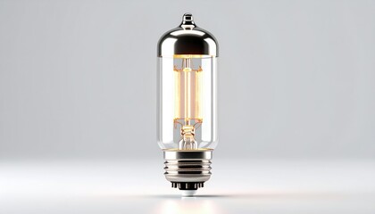 Macro Photograph Of A Vacuum Tube With Glowing Filaments And Glass Detailing On White Background