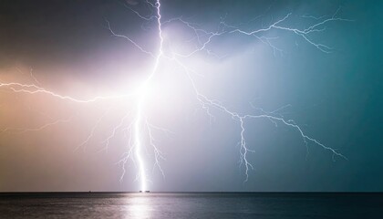 Electric Lightning Strike Illuminating Stormy Night Sky Over Ocean Water with Dramatic Color Gradient