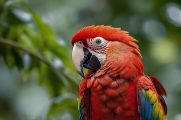 Obraz premium Vibrant red macaw perched on a branch with lush green background, showcasing its striking colorful plumage.