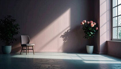 Elegant Interior Scene With Blush Walls Natural Light And Potted Plants
