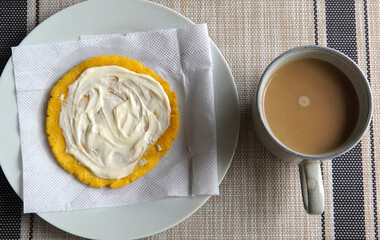 Typical Costa Rican breakfast: tortilla with custard and coffee or tortilla con natilla