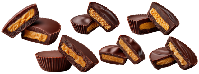 Peanut butter chocolate cups set, isolated on transparent background

