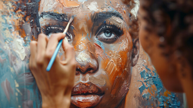 Close up portrait of beautiful african american and authentic young female artist or painter create art piece. Detailed work for personal creative project