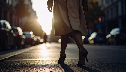 Stylish Woman in Tailored Trench Coat and Sunglasses Walking City Street at Sunset