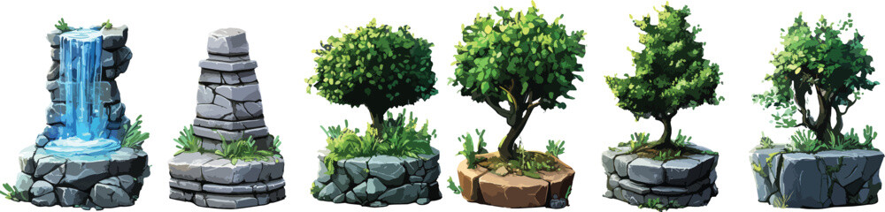 Fototapeta premium variety of stylized bushes and trees and rocks