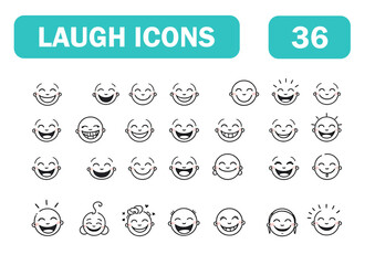 Set of 36 line icons related to happiness, laugh, joy, happy, satisfaction, cheer, optimism, fun, celebration, enjoy, smile, Editable stroke. Vector illustration .eps